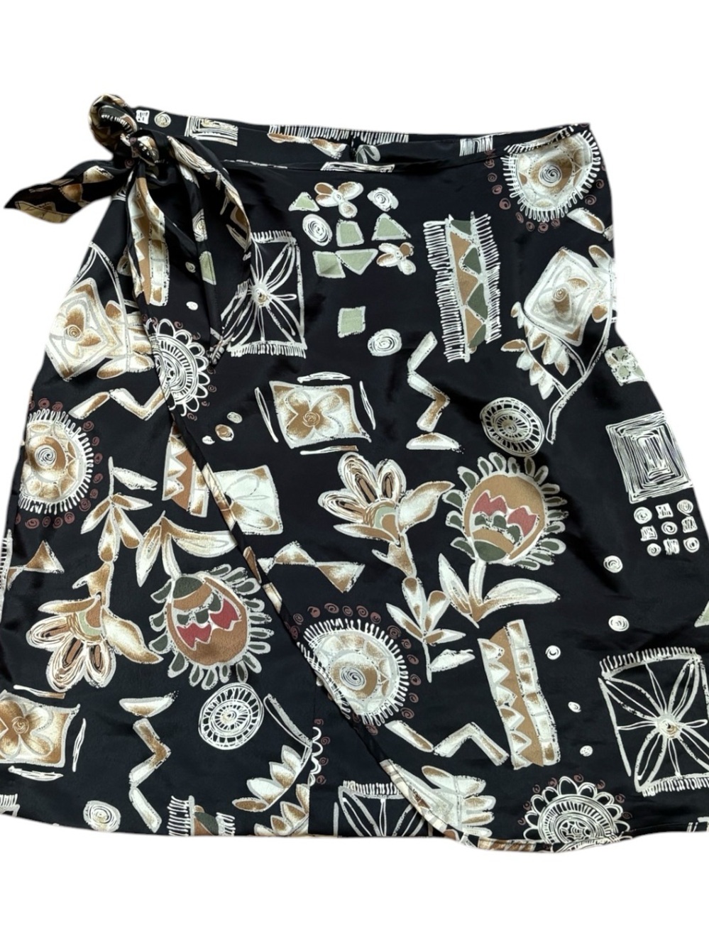 Black Floral Print Midi Skirt with Cream, Tan and Olive Accents